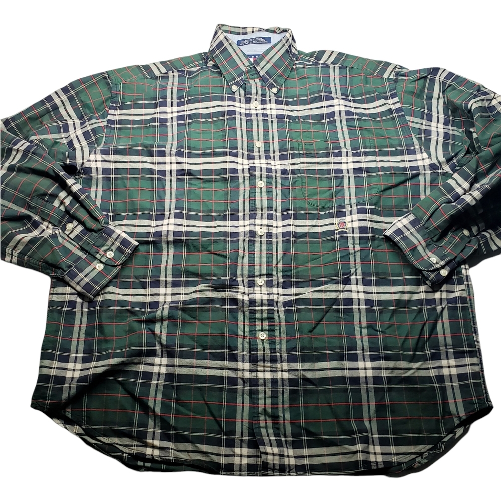 Vintage 90’s Tommy Hilfiger Green Plaid Logo Crest Button Up Shirt XL